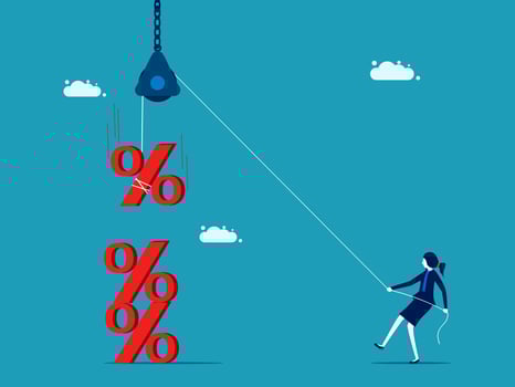businesswoman pulling a rope with percent sign vector