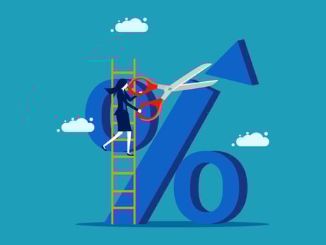 businesswoman cutting percentage sign with scissors vector