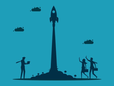 business people standing in front of a rocket vector