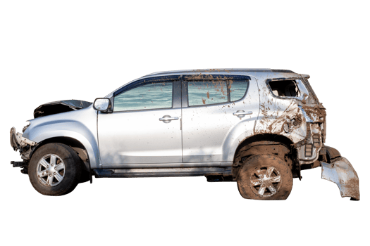 Front of white car get damaged by accident on the road. damaged cars after collision. isolated on transparent background, File png
