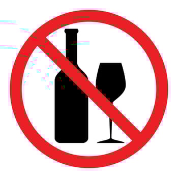 No alcohol symbol, prohibitory sign, red crossed out circle symbol with bottle and glass silhouette vector