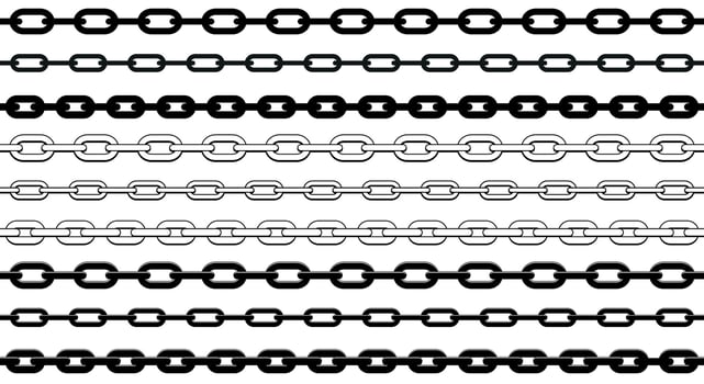 chain - set of black and white chains shape silhouette pattern, seamless repeatable texture background vector