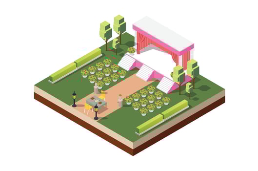 Modern isometric illustration of a sacred marriage vow altar with a flower garden, table and beautiful ornaments background isolated White vector