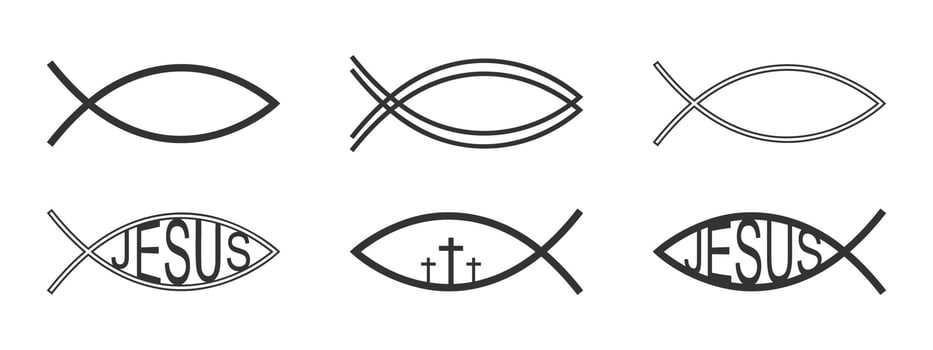 Set of Ichthys icons. Jesus fish signs. Christian religion symbols. Popular believer emblems for car bampers, stickers, necklaces or pendants vector