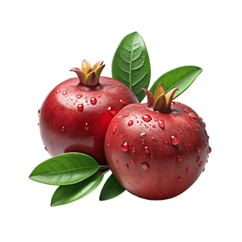 two pomegranates with water drops of green leaves png
