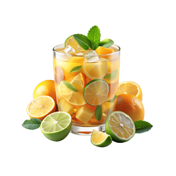a picture of lemonade and lemons with mint leaves. png