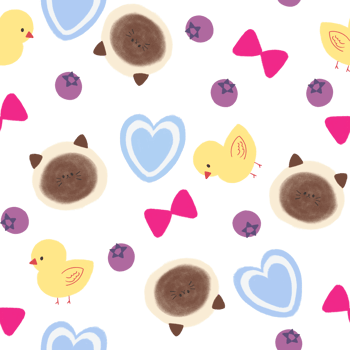 Seamless pattern with cat, baby chicken cute and heart with ribbon with blueberry on white png