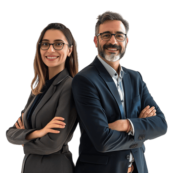 A cheerful business man and woman in a formal suit, arms crossed and smiling, isolated on a transparent background png