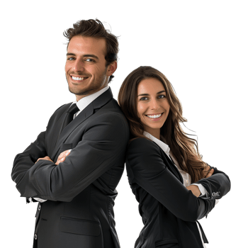 A cheerful business man and woman in a formal suit, arms crossed and smiling, isolated on a transparent background png