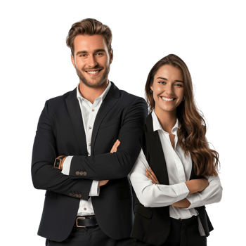 A cheerful business man and woman in a formal suit, arms crossed and smiling, isolated on a transparent background png
