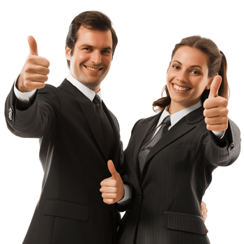 A cheerful male and female executive team giving a thumbs up, isolated on a transparent background png