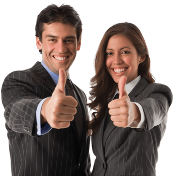 A cheerful male and female executive team giving a thumbs up, isolated on a transparent background png