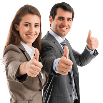 A cheerful male and female executive team giving a thumbs up, isolated on a transparent background png