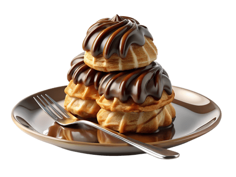 A stack of profiteroles filled with cream and drizzled with chocolate, set on a white plate with a fork, isolated on background png