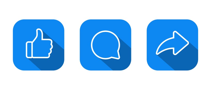 Like, comment, and share icon on blue square. Social media elements vector