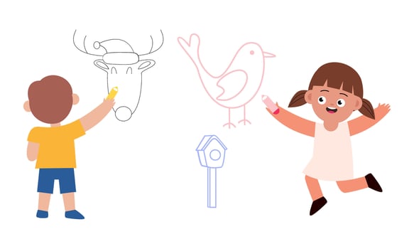 Children drawing on wall. Happy creative kids painting with colored crayon vector
