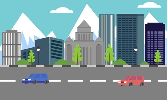 Cars Vehicle in City Road Traffic with Cityscape in Bright Day vector