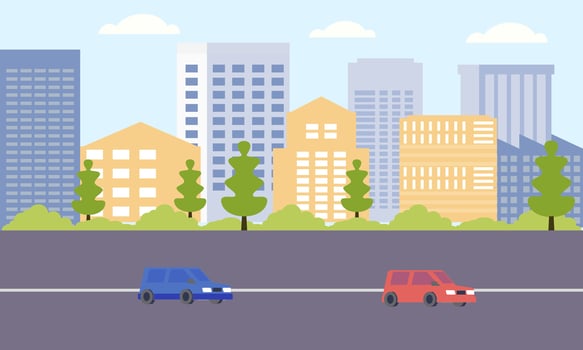 Cars Vehicle in City Road Traffic with Cityscape in Bright Day vector
