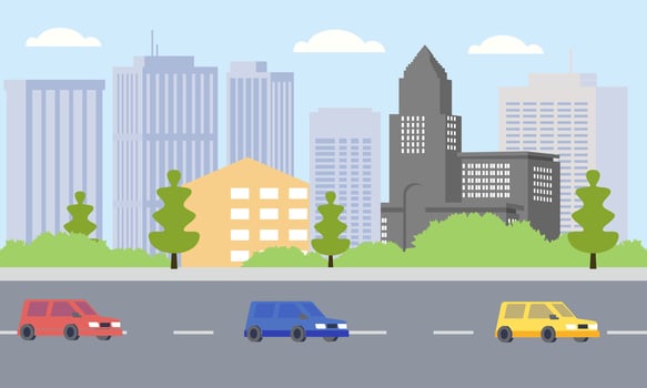 Cars Vehicle in City Road Traffic with Cityscape in Bright Day vector