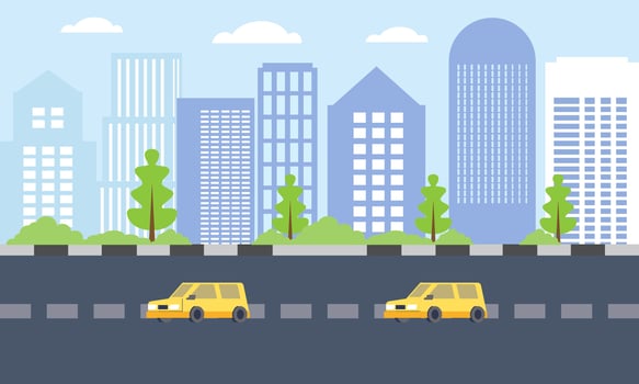 Cars Vehicle in City Road Traffic with Cityscape in Bright Day vector