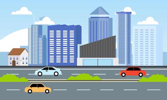 Cars Vehicle in City Road Traffic with Cityscape in Bright Day vector