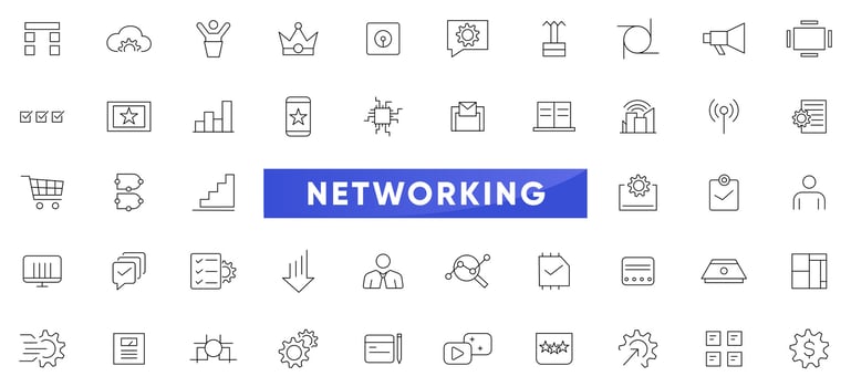 Networking digital line icon set. Business, management, configuration, monitoring system, trouble shooting, performance, security, digital infrastructure, machine learning outline icon collection. vector