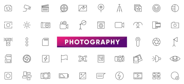 Photography linear icon set. Camera, photo, photographer, studio light, film cameras and photoshoot outline icon collection. UI thin outline icons pack. vector