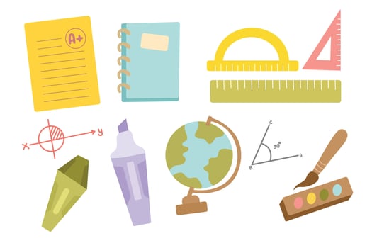 Back to school elements. School and education items. Set of supplies and stationery vector