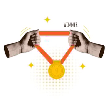 Trendy collage Halftone two hands holding first place gold medal. Success, victory concept. Vintage illustration for mixed media design vector