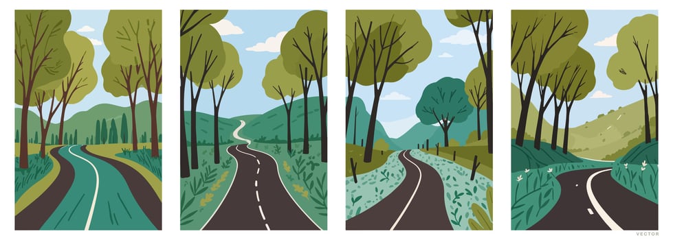 Set of Background Illustration - Serene Country Road Through Emerald-Green Landscape vector