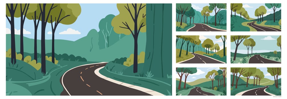 Set of Background Illustration - Serene Country Road Through Emerald-Green Landscape vector