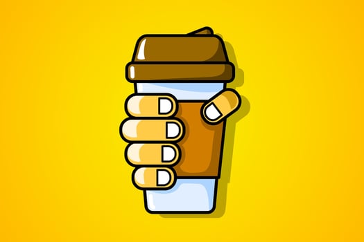 Disposable coffee cup in hand. Flat design illustration. The hand holds a paper glass with coffee. Fast food. Break for coffee. vector