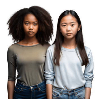 Two Young Women Standing Together Looking at Camera in Studio png