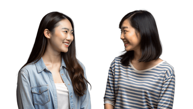 Two Happy Asian Women Talking and Smiling at Each Other png