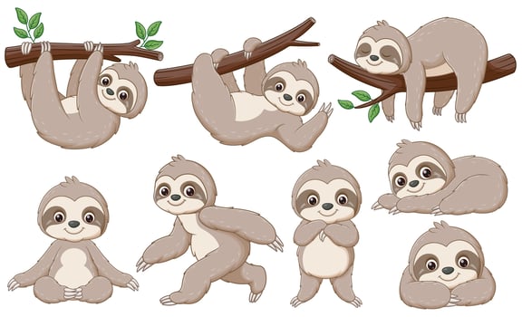 Set Of Cute Baby Sloths Cartoon. Animal Nature Icon Concept Isolated vector