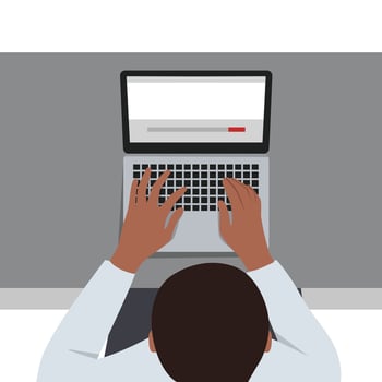 Young man working with laptop, top view. vector