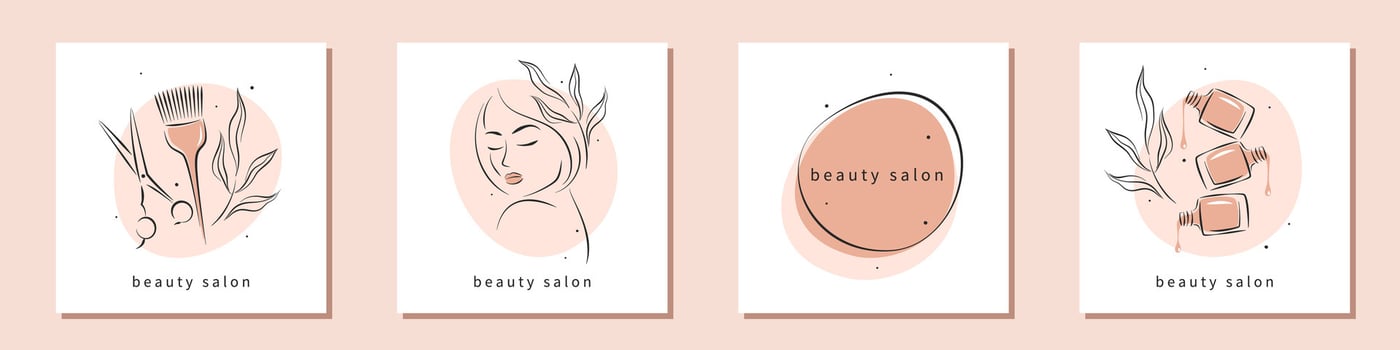 Beauty salon logo set. Beautiful woman face, nail polish, scissors and hair brush. Manicure, makeup, hairdressing. vector