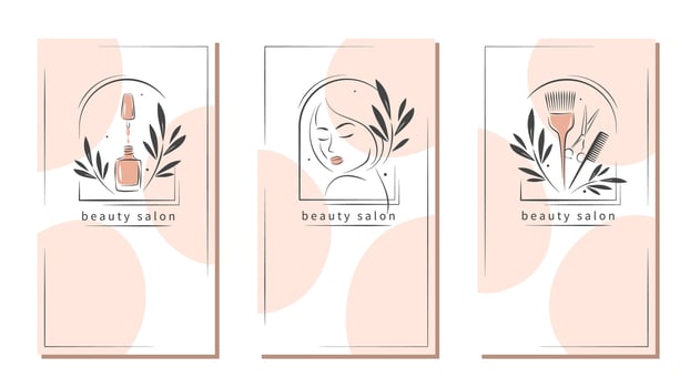 Set of elements and logos for beauty salon. Nail polish, beautiful woman face, eyelash extension, makeup, hairdressing. vector