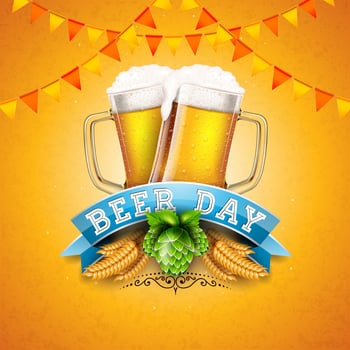 International Beer Day Design with Freshly Tapped Beer in the Mug, Party Flag and Barley Ears on Vintage Yellow Background. August 4 Cheers Celebration Holiday Illustration with Text Label for vector