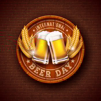 International Beer Day Design with Freshly Tapped Beer in the Mug, Barrel and Barley Ears on Vintage Wood Background. August 4 Cheers Celebration Holiday Illustration with Typography Letter for vector