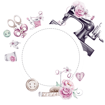 Watercolor circle frame, template- vintage sewing machine and romantic flowers. Bouquet of roses and anemones. For tailoring, clothes design. Handcraft in retro style. Vintage old-fashion, tailoring png