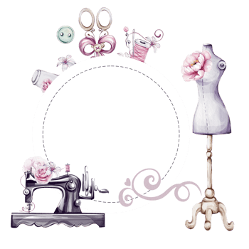 Watercolor vintage circle frame, template - sewing tools, Mannequin Stand for Tailoring and Fashion Design, scissors, needle, with flowers. Clothes design for lady. Handcraft in retro style. Old png