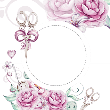 Watercolor circle frame, template- vintage sewing tools and romantic flowers. Bouquet of roses For tailoring, clothes design. Handcraft in retro style. Vintage old-fashion, tailoring for, postcard png