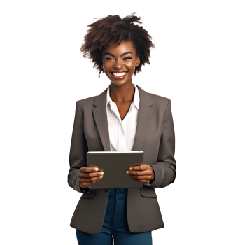 an attractive african american woman in a business suit holding a tablet png