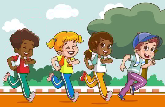 Children Characters Race Joyfully On The Stadium Track, Their Vibrant Energy Fueling A Thrilling Competition Of Speed And Determination. Kids run Sports Marathon. Cartoon People Illustration vector