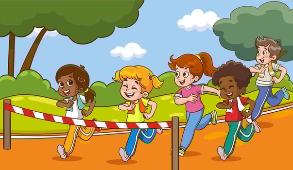 Children Characters Race Joyfully On The Stadium Track, Their Vibrant Energy Fueling A Thrilling Competition Of Speed And Determination. Kids run Sports Marathon. Cartoon People Illustration vector