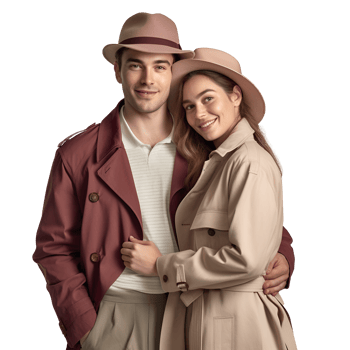 a man and woman in a trench coat and hat png