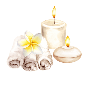 watercolor white cotton towels for spa treatments with frangipani flower and white burning candles with fire, for spa salon and white tropical exotic plumeria flower, summer illustration for spa png