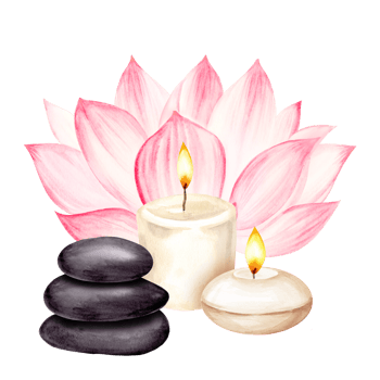 watercolor burning white candles with fire, pink tropical lotus flower, three black stone for stone therapy, illustration of spa theme, for skin care and yoga salons png