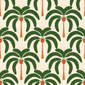 Green tropical palm tree seamless pattern. Jungle damask print, summer nature wallpaper. Hand drawn coconut plant, cute tropic illustration. Simple textile surface design, fabric, wrap paper. vector